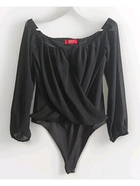 Guess Bodysuit Womens Size M Black Wrap V Neck Long Sleeve Sheer